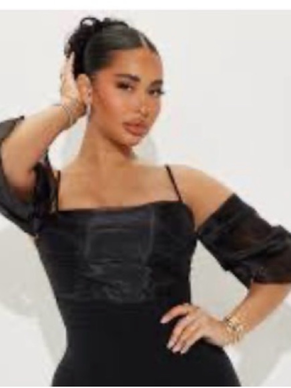 Fashion Nova Black Satin Off-the-Shoulder dress with Puff Sleeves